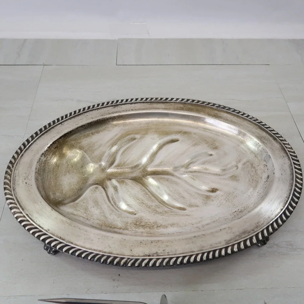 Vintage Silver Plate Meat Carving Tray Platter Juice Wells Footed Serving & Fork